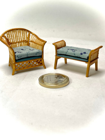 1:24 Dollhouse cane rattan blue 23 furniture - Half Scale