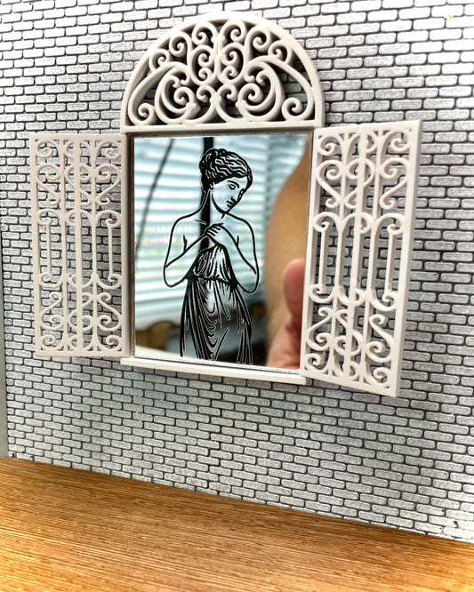 1:12 Dollhouse miniature arched mirror reminiscent of Mediterranean architecture