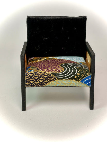 1:12 Dollhouse wooden Art Deco rattan armchair black and geometric blue