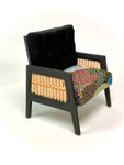 1:12 Dollhouse wooden Art Deco rattan armchair black and geometric blue