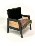 1:12 Dollhouse wooden Art Deco rattan armchair black and geometric blue