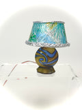 1:12 Dollhouse miniature ceramic OOAK table lamp with a blue foliage lampshade working LED