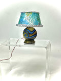 1:12 Dollhouse miniature ceramic OOAK table lamp with a blue foliage lampshade working LED