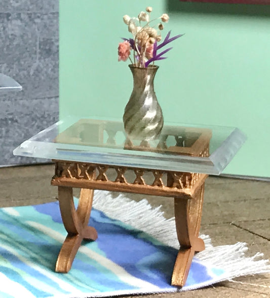 1:24 Dollhouse cane rattan side table beveled glass effect top - Half scale