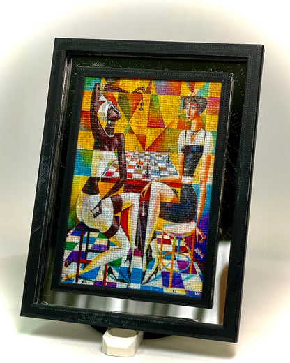 1:12 Dollhouse miniature modern chess players picture canvas on a mirrored frame