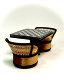 1:12 Dollhouse miniature two round chairs rattan black with beige cushions and chess table set
