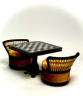 1:12 Dollhouse miniature two round chairs rattan black with beige cushions and chess table set