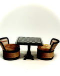 1:12 Dollhouse miniature two round chairs rattan black with beige cushions and chess table set