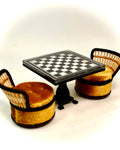 1:12 Dollhouse miniature two round chairs rattan black with beige cushions and chess table set