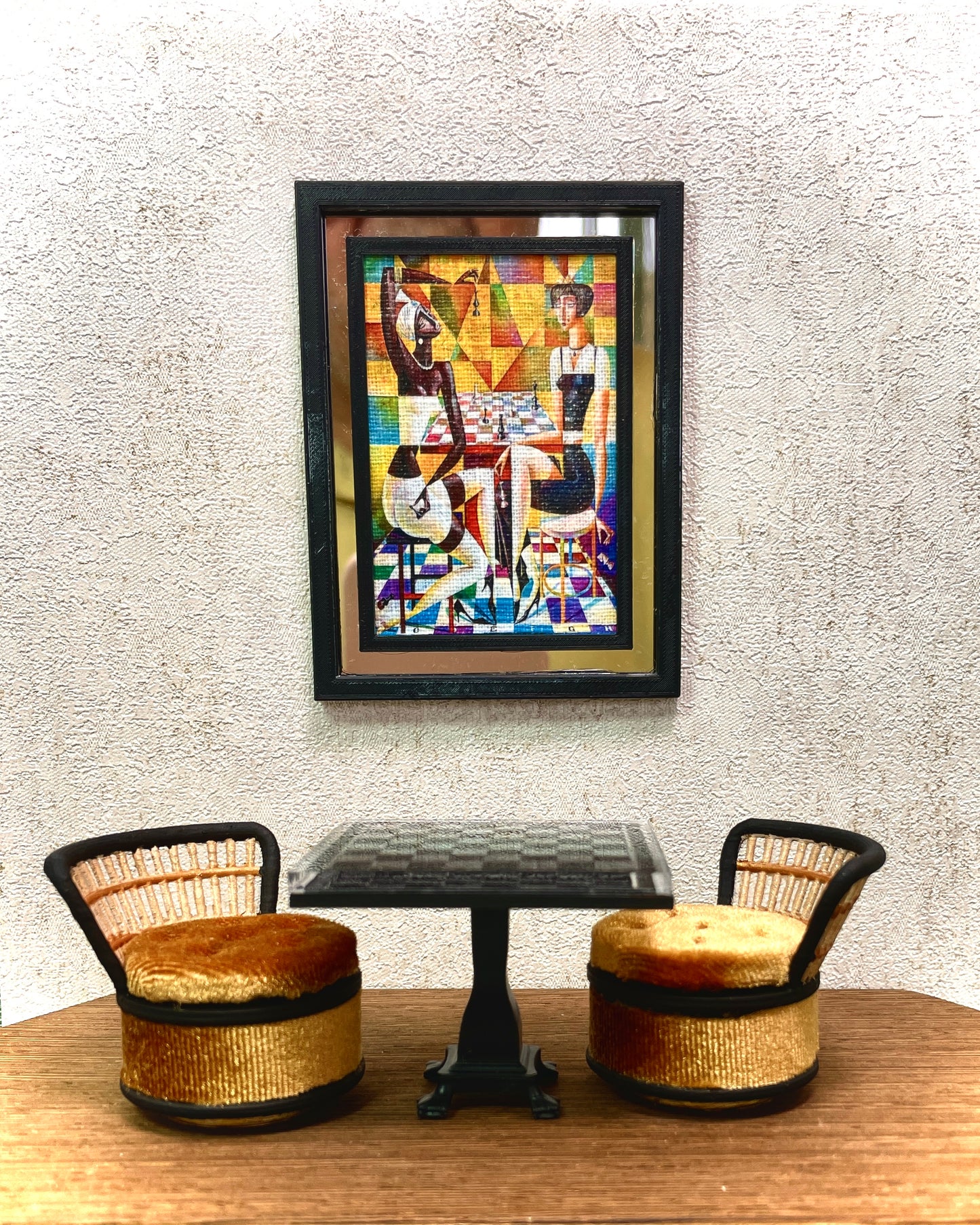 1:12 Dollhouse miniature modern chess players picture canvas on a mirrored frame