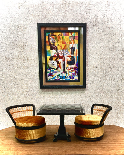 1:12 Dollhouse miniature modern chess players picture canvas on a mirrored frame