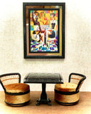 1:12 Dollhouse miniature two round chairs rattan black with beige cushions and chess table set