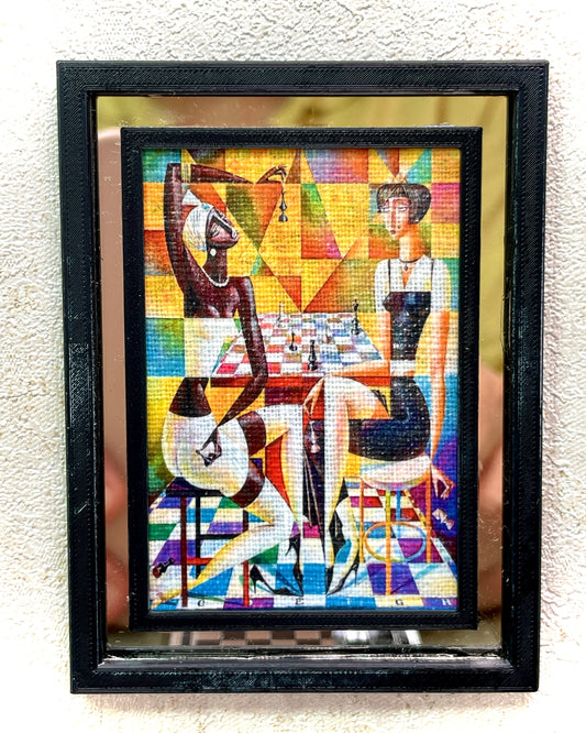 1:12 Dollhouse miniature modern chess players picture canvas on a mirrored frame