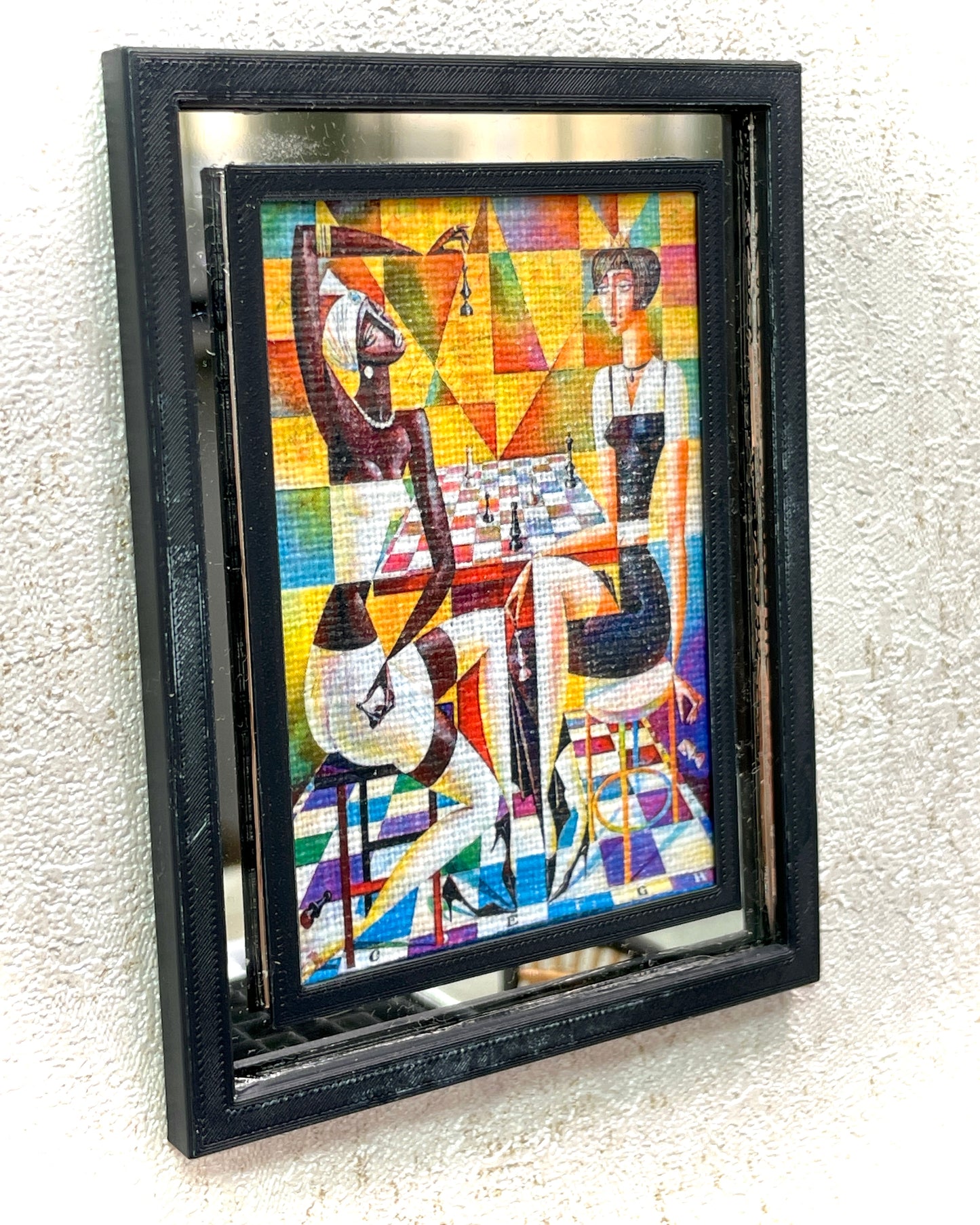 1:12 Dollhouse miniature modern chess players picture canvas on a mirrored frame