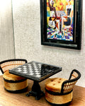 1:12 Dollhouse miniature two round chairs rattan black with beige cushions and chess table set