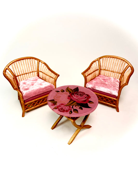 1:12 Dollhouse cane rattan armchairs and table set pink roses