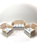 1:12 Dollhouse cane rattan pearl blue roses furniture