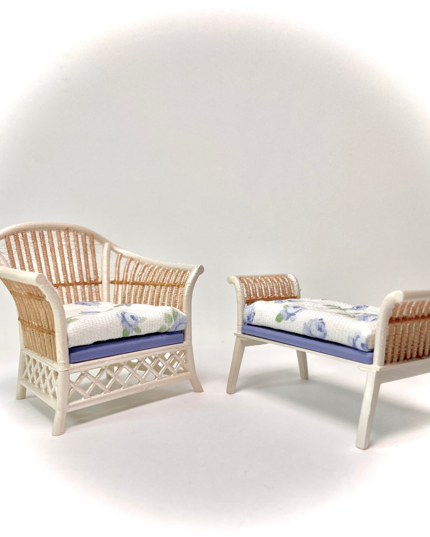 1:12 Dollhouse cane rattan pearl blue roses furniture