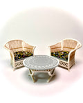 1:12 Dollhouse cane rattan pearl flowers over black furniture