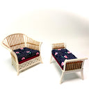 1:12 Dollhouse cane rattan pearl pink over dark blue furniture