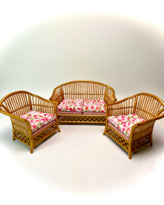 1:12 Dollhouse cane rattan petit rose flowers furniture