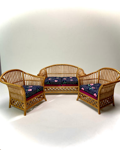 1:12 Dollhouse cane rattan pink over dark blue furniture