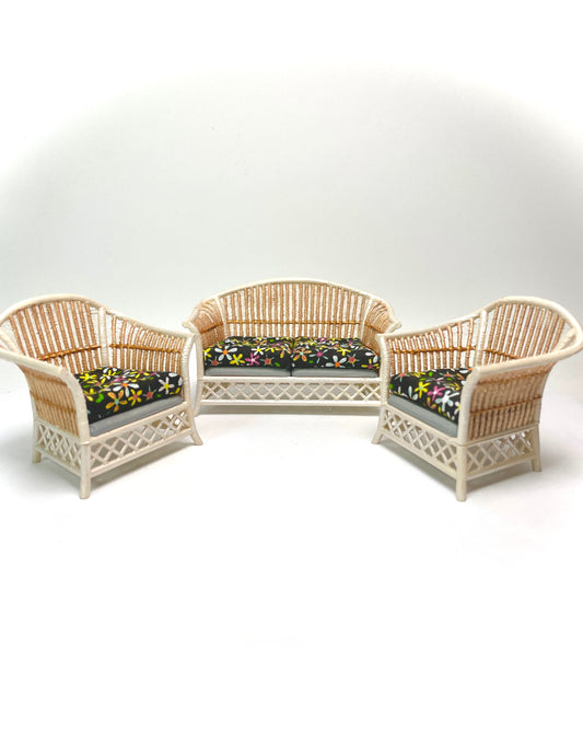 1:16 Dollhouse cane rattan pearl flowers over black furniture - Lundby