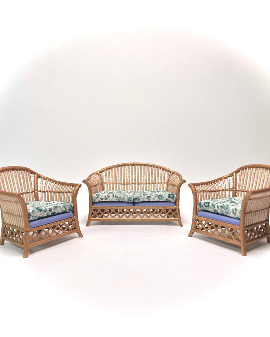 1:16 Dollhouse cane rattan petit floral blue furniture - Lundby
