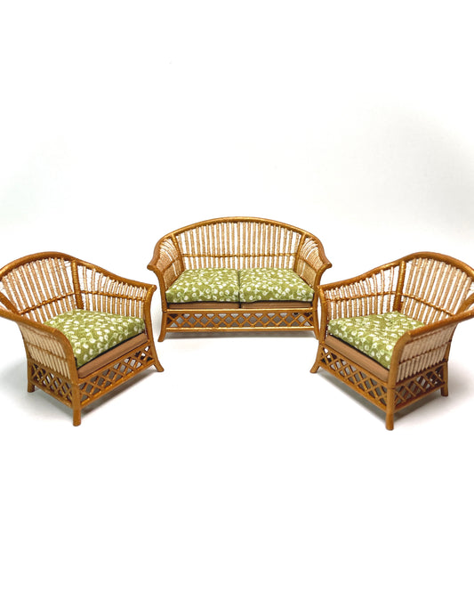 1:16 Dollhouse cane rattan olive green furniture - Lundby