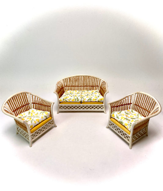1:16 Dollhouse cane rattan pearl yellow tulips furniture - Lundby