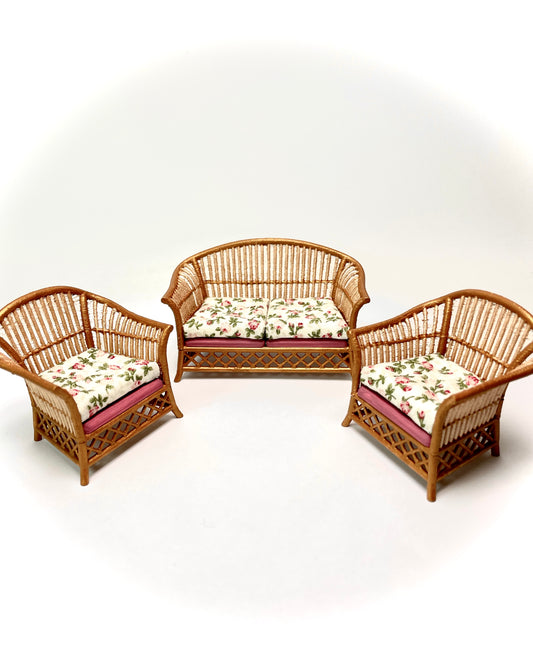 1:16 Dollhouse cane rattan pink roses furniture - Lundby