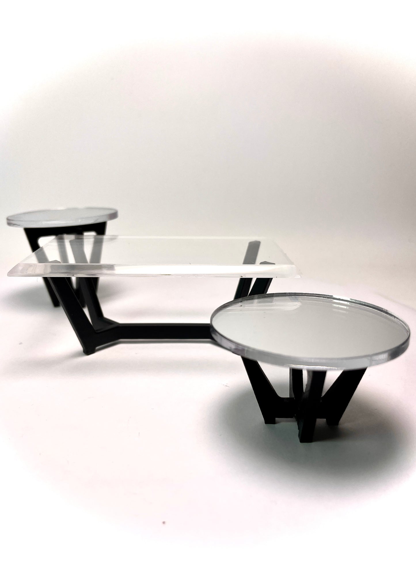 1:12 Dollhouse miniature Art Deco coffee & side tables black beveled glass effect top