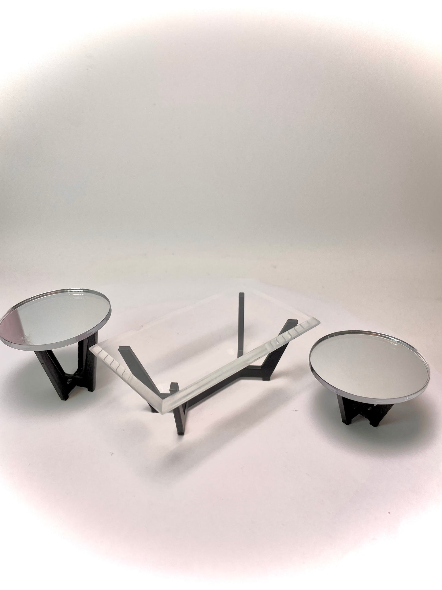 1:12 Dollhouse miniature Art Deco coffee & side tables black beveled glass effect top
