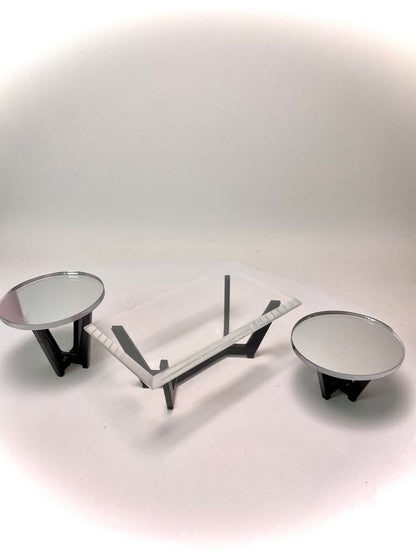 1:12 Dollhouse miniature Art Deco coffee & side tables black beveled glass effect top