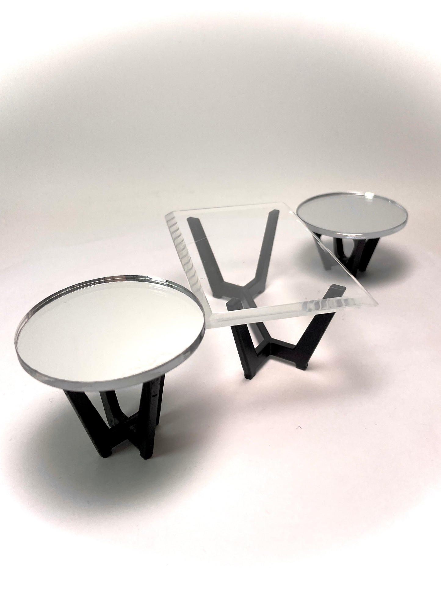 1:12 Dollhouse miniature Art Deco coffee & side tables black beveled glass effect top
