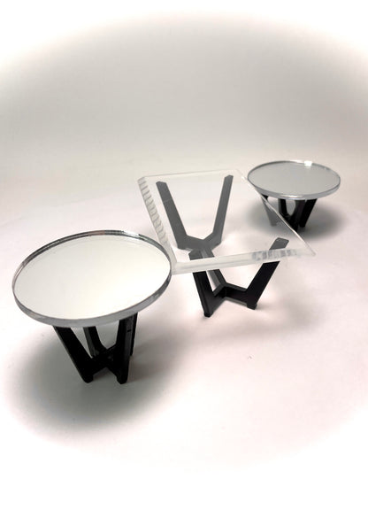 1:12 Dollhouse miniature Art Deco coffee & side tables black beveled glass effect top