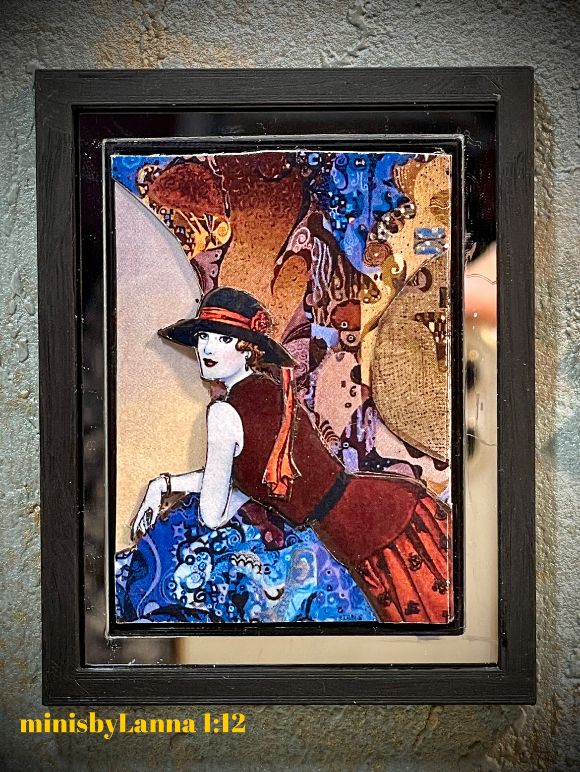 1:12 Dollhouse miniature 3D layered French-art woman's picture mirrored frame