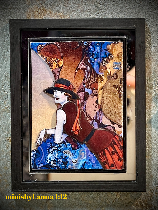 1:12 Dollhouse miniature 3D layered French-art woman's picture mirrored frame