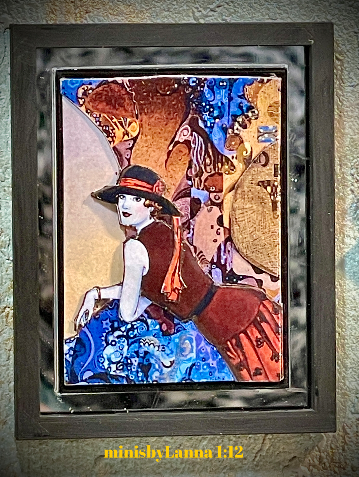 1:12 Dollhouse miniature 3D layered French-art woman's picture mirrored frame