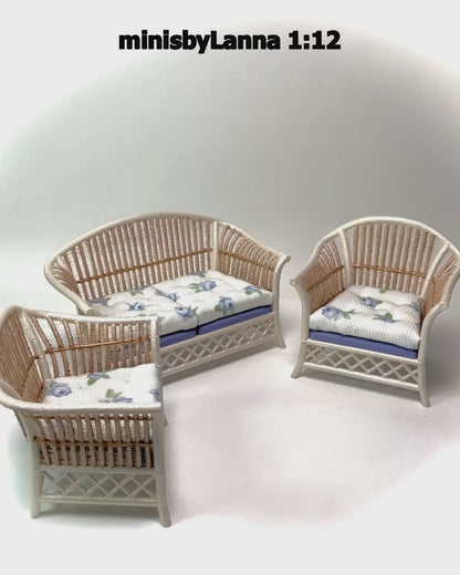 1:12 Dollhouse cane rattan pearl blue roses furniture