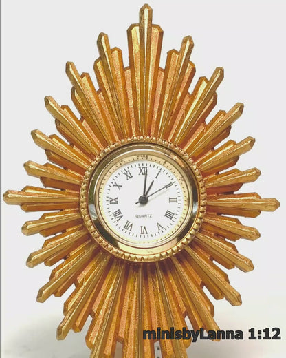 1:12 Dollhouse miniature vintage wall clock - sunburst/starburst golden long frame
