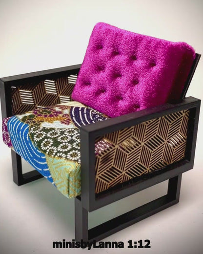 1:12 Dollhouse wooden Art Deco lattice armchair geometric blue - Various Colors