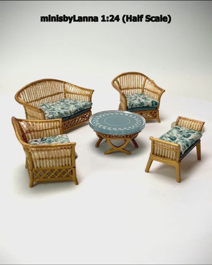 1:24 Dollhouse cane rattan petit floral blue furniture - Half Scale