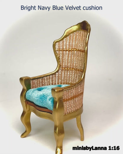 1:16 Dollhouse miniature Victorian rattan golden chair various color cushion - Lundby scale