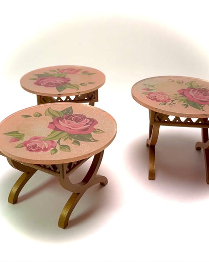 1:12 Dollhouse cane rattan side table set (3) decorated glass effect top