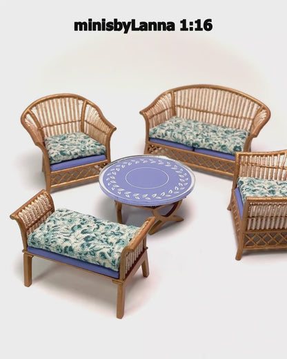 1:16 Dollhouse cane rattan petit floral blue furniture - Lundby