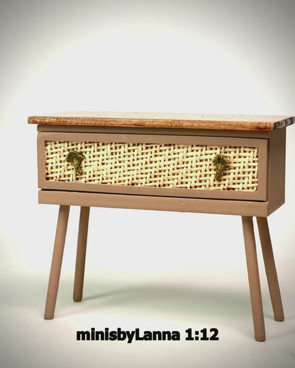 1:12 Dollhouse miniature raffia wooden chest of drawers 1 beige