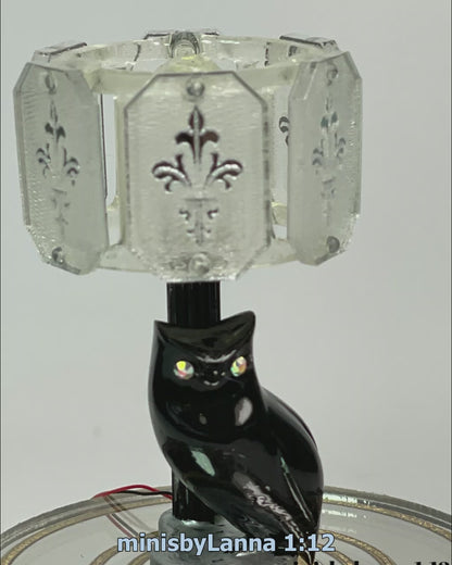 1:12 Dollhouse owl table lampshade mid century crystal mirror panels working LED