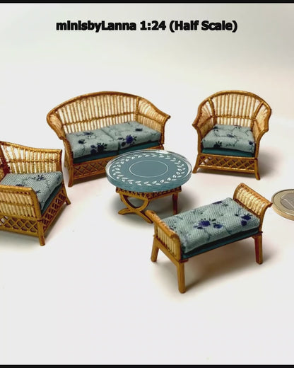 1:24 Dollhouse cane rattan blue 23 furniture - Half Scale