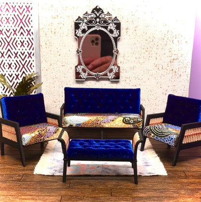 1:12 Dollhouse wooden Art Deco rattan living room set sofa armchairs long-stool Royal-blue and geometric blue